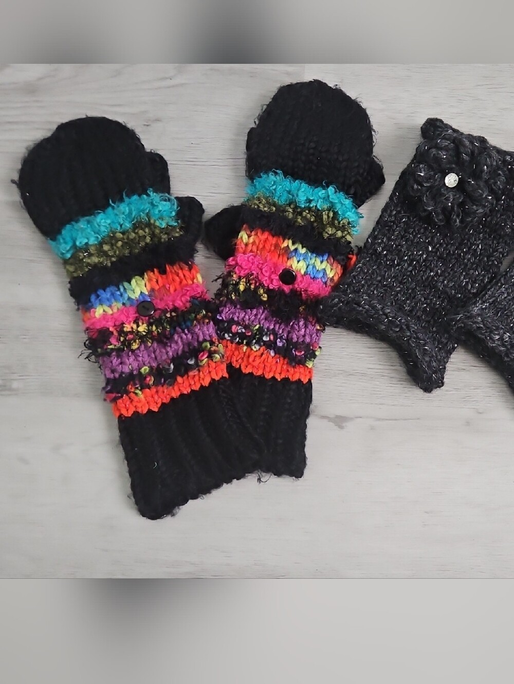 Set Of 2 Knit Mittens, with Multicolor Stripe Accents & Flower, Fingerless Adj